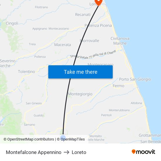 Montefalcone Appennino to Loreto map