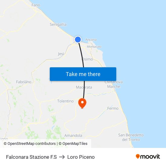 Falconara Stazione F.S to Loro Piceno map