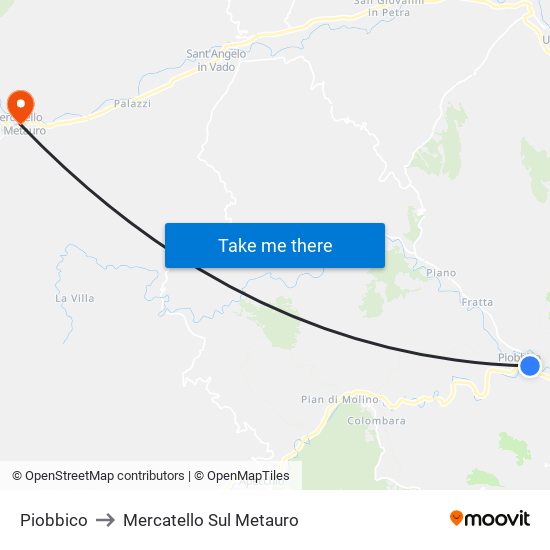 Piobbico to Mercatello Sul Metauro map