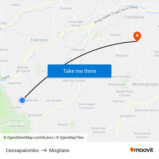 Cessapalombo to Mogliano map