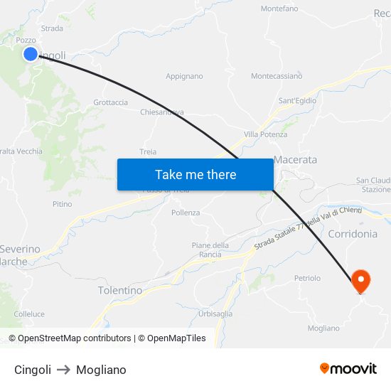 Cingoli to Mogliano map