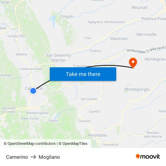 Camerino to Mogliano map