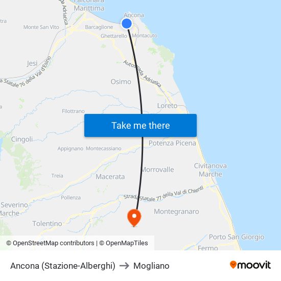 Ancona (Stazione-Alberghi) to Mogliano map