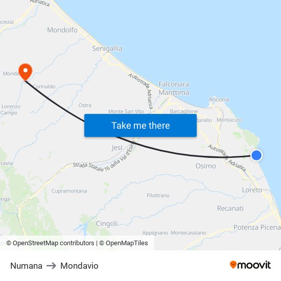 Numana to Mondavio map