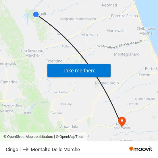 Cingoli to Montalto Delle Marche map