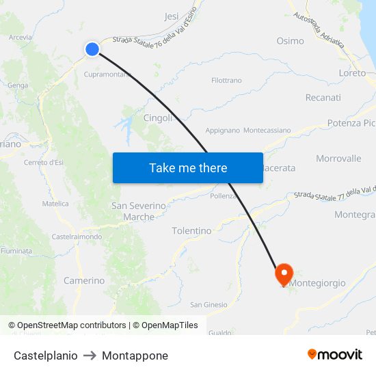 Castelplanio to Montappone map