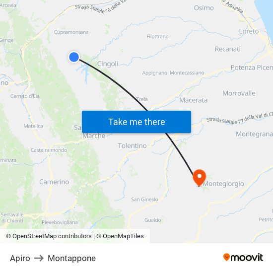 Apiro to Montappone map
