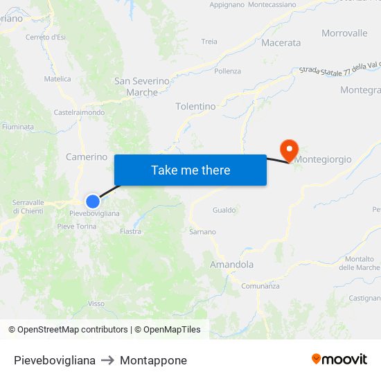 Pievebovigliana to Montappone map