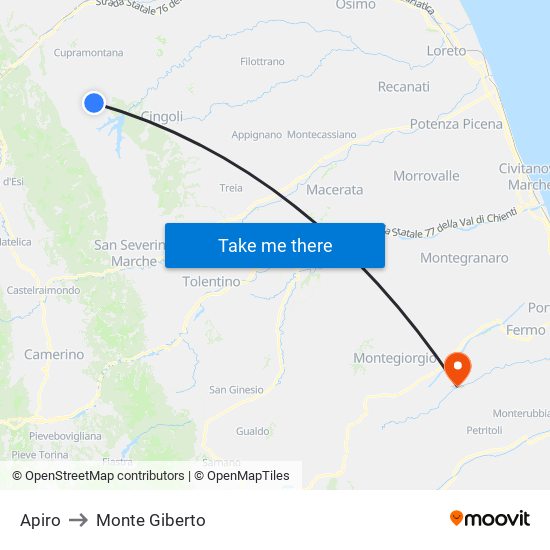 Apiro to Monte Giberto map