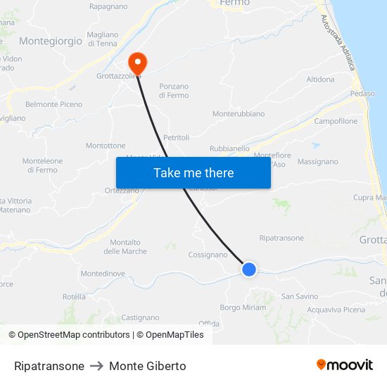 Ripatransone to Monte Giberto map