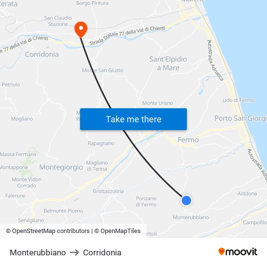 Monterubbiano to Corridonia map