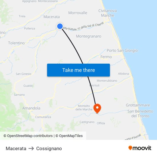 Macerata to Cossignano map
