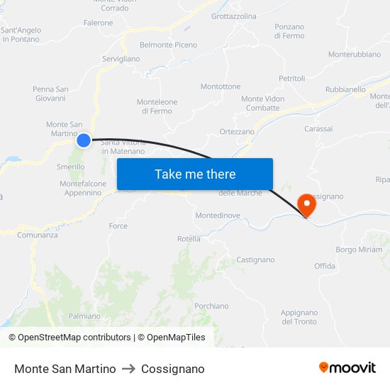 Monte San Martino to Cossignano map