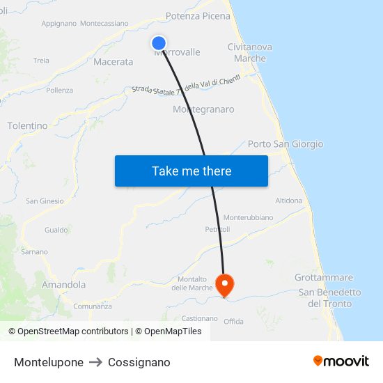 Montelupone to Cossignano map