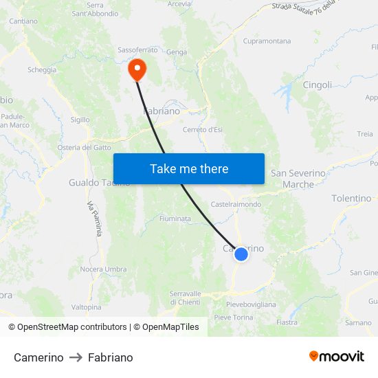 Camerino to Fabriano map