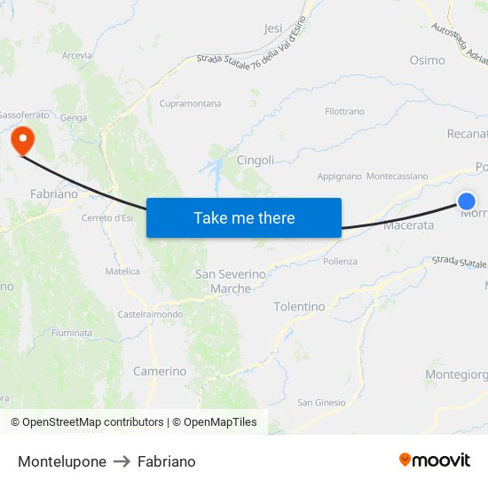 Montelupone to Fabriano map