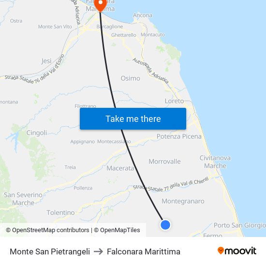 Monte San Pietrangeli to Falconara Marittima map