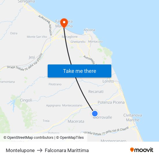 Montelupone to Falconara Marittima map