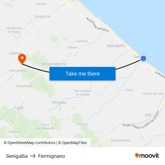Senigallia to Fermignano map