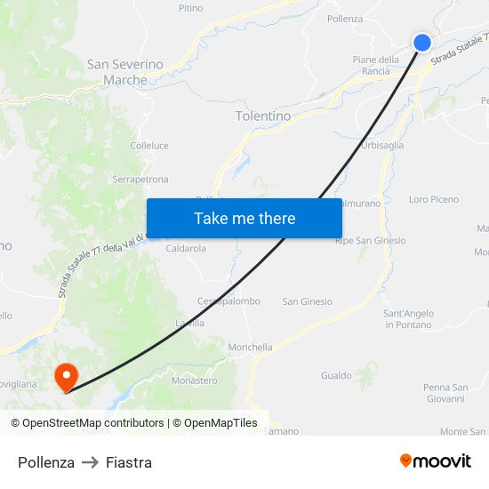 Pollenza to Fiastra map