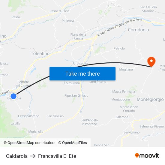 Caldarola to Francavilla D' Ete map