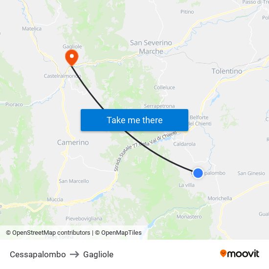 Cessapalombo to Gagliole map