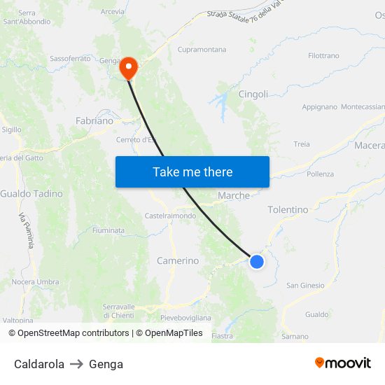 Caldarola to Genga map