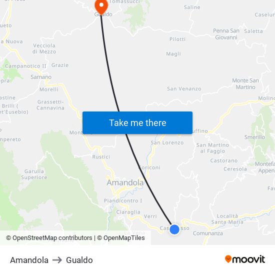 Amandola to Gualdo map