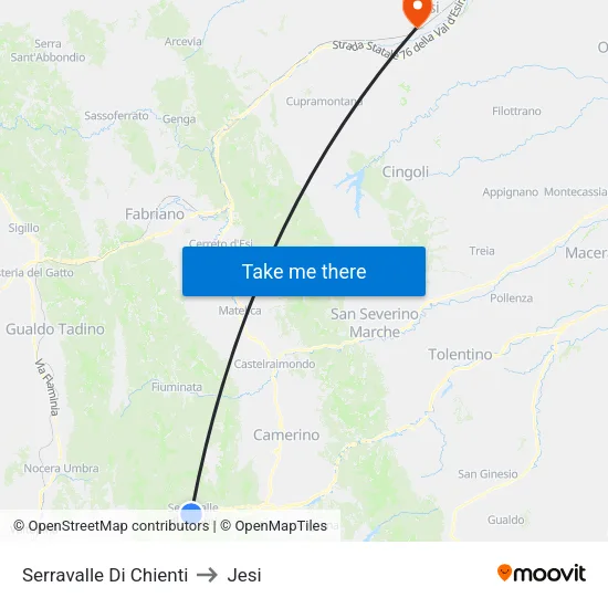 Serravalle di Chienti to Jesi map