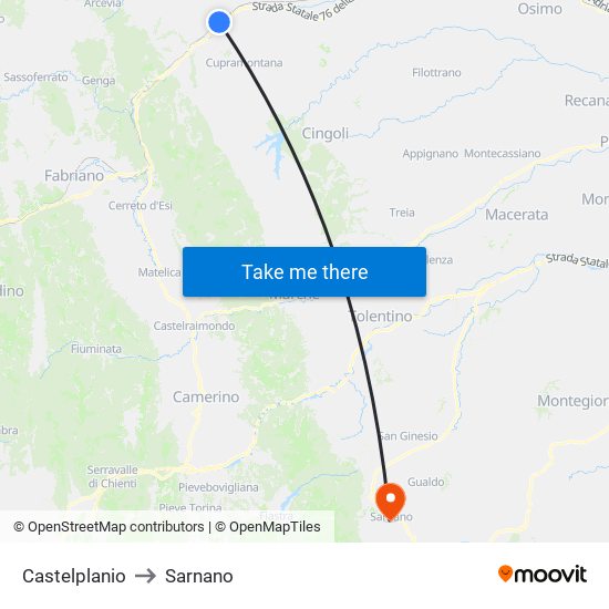 Castelplanio to Sarnano map