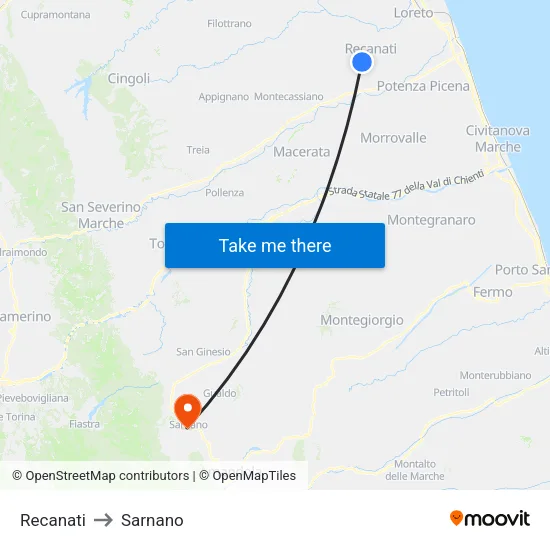Recanati to Sarnano map