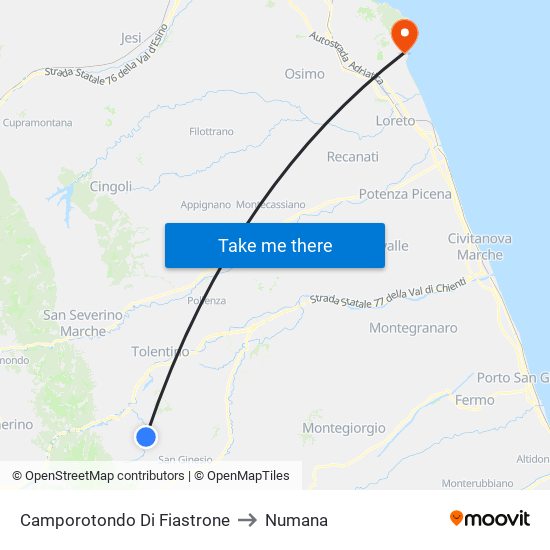 Camporotondo Di Fiastrone to Numana map