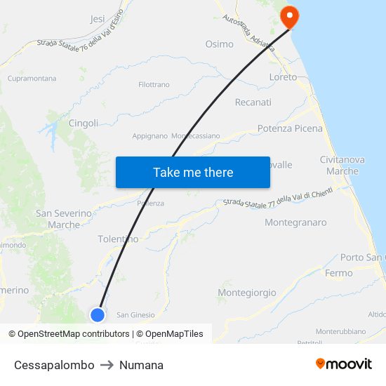 Cessapalombo to Numana map