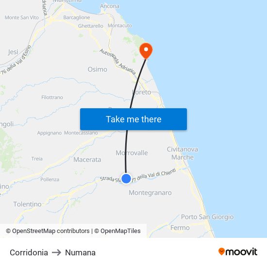 Corridonia to Numana map