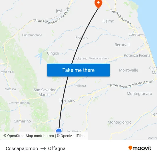 Cessapalombo to Offagna map