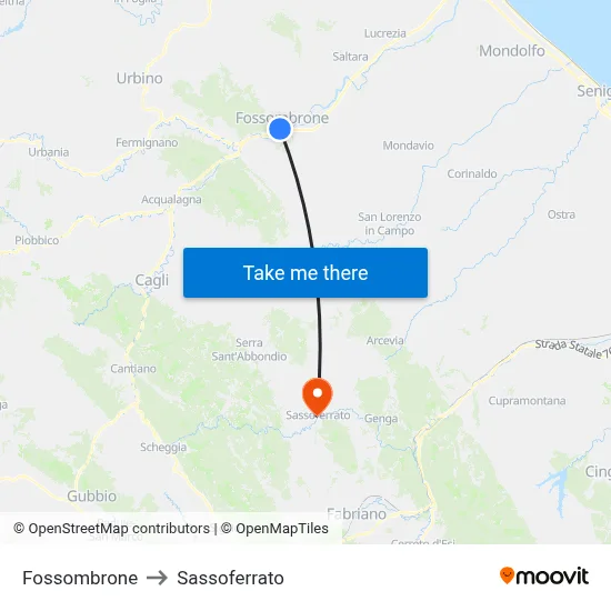 Fossombrone to Sassoferrato map