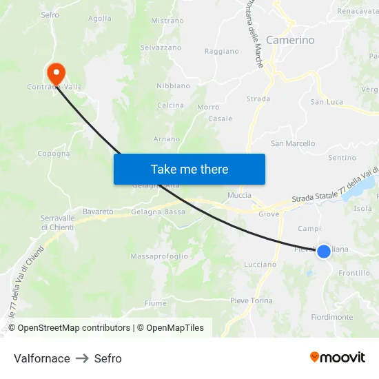 Valfornace to Sefro map