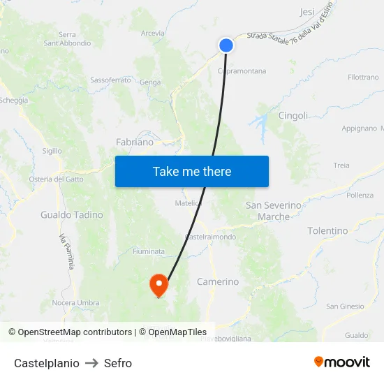 Castelplanio to Sefro map