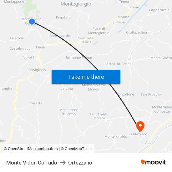 Monte Vidon Corrado to Ortezzano map