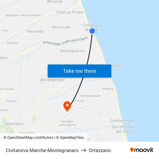 Civitanova Marche-Montegranaro to Ortezzano map