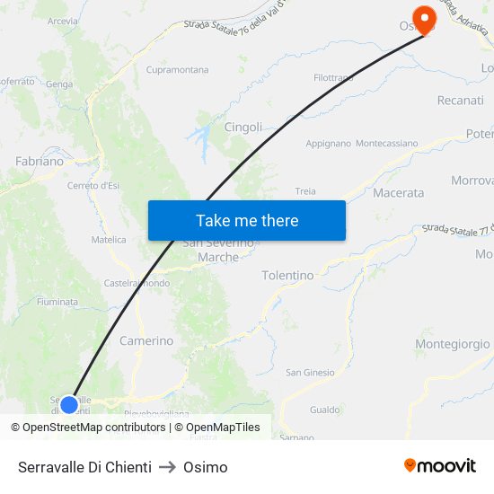 Serravalle Di Chienti to Osimo map