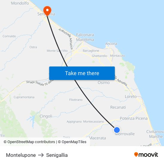 Montelupone to Senigallia map