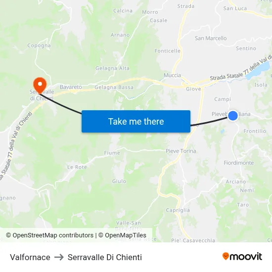 Valfornace to Serravalle di Chienti map