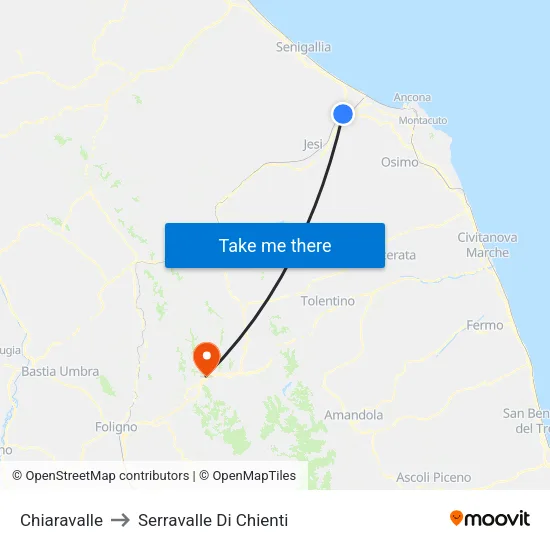 Chiaravalle to Serravalle Di Chienti map
