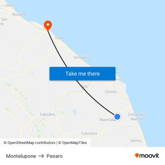 Montelupone to Pesaro map