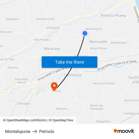 Montelupone to Petriolo map