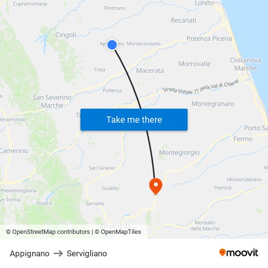 Appignano to Servigliano map