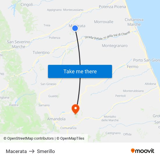 Macerata to Smerillo map