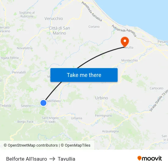 Belforte All'Isauro to Tavullia map