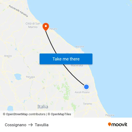 Cossignano to Tavullia map